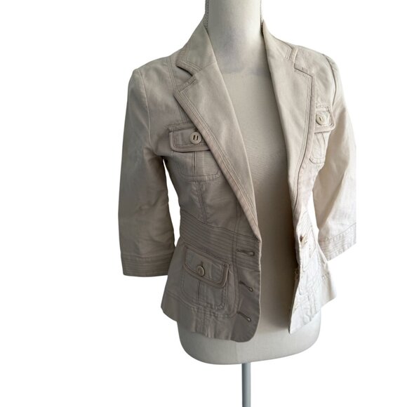 WHITE HOUSE BLACK MARKET WHBM Beige Bow Tie Back Blazer Jacket Size 00 - Picture 2 of 9
